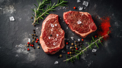 The Ultimate Steak Presentation: Two Raw Steaks on a Slate Background with Copyspace. Ai generated Art. Food Concept Art with lots of Copyspace for your Food Art. Delicous Delight.