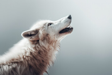 portrait of a white wolf against a light grey background, wildlife design element, generative AI
