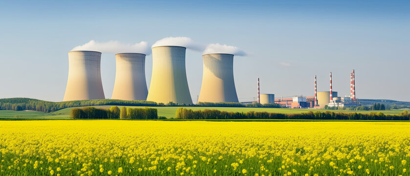 generative ai illustration of a nuclear power station with a flower field in front