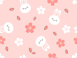 Seamless pattern with cherry blossom and bunny rabbit cartoons on pink background vector illustration.