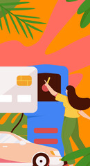 Vector internet operation hand-drawn illustration of people getting discounts for refueling the car
