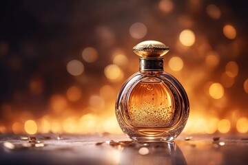 Beautiful bottle perfume in golden colors, generative ai