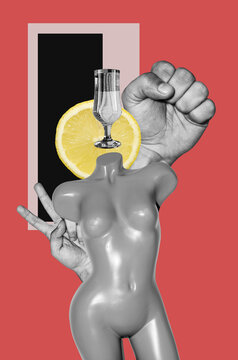 Digital collage with female manequin, hand with fist, hand with victory sign, glass with water and lemon slice