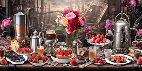 A png image was created depicting a high background berry beverage breakfast buffet. - generative ai