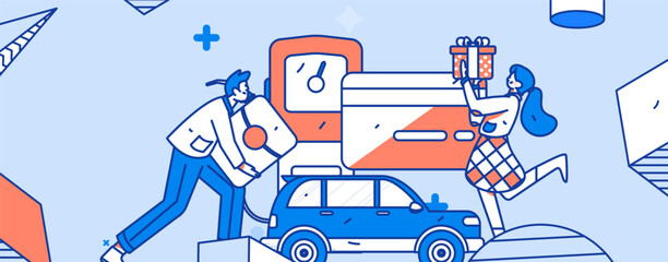 Fototapeta premium Vector internet operation hand-drawn illustration of people getting discounts for refueling the car 