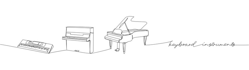 Keyboard instruments set piano, synthesizer one line art. Continuous line drawing of piano, chord, antique, music, keyboard, concert, instrument classic with an inscription, lettering, handwritten.