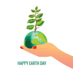 Happy earth day in hands holding globe concept design