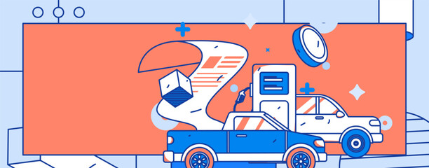 Vector internet operation hand-drawn illustration of people getting discounts for refueling the car
