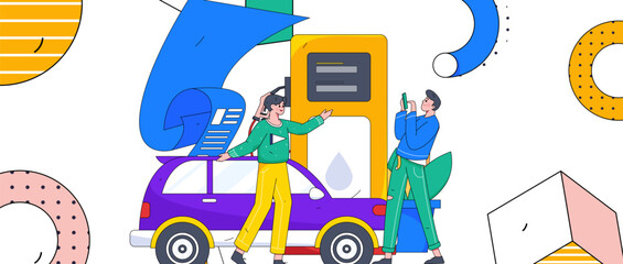 Vector internet operation hand-drawn illustration of people getting discounts for refueling the car
