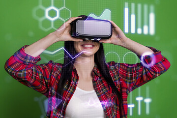 Template 3d metaphor creative collage of manager girl gamer player use goggles watch futurism...