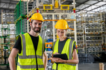 Multiethnic industrial workers checking their logistic lists while working with transportation of goods in warehouse