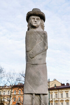 KRAKOW, POLAND - MARCH 29, 2023: The Zbruch Idol, Sviatovid historic statue, a pagan deity, set in Krakow.