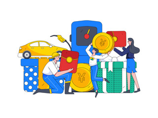 Vector internet operation hand-drawn illustration of people getting discounts for refueling the car
