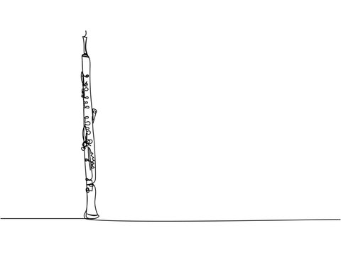 Oboe one line art. Continuous line drawing of wind, symphony, retro, clarinet, bass, oboe, sax, music, flute, jazz, orchestra, horn.