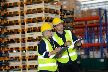 Multiethnic industrial workers checking their logistic lists while working with transportation of goods in warehouse