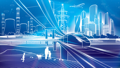 Outline city illustration. Neon glow town life image. Railroad bridge. Car overpass. Train rides. City Infrastructure and transport, urban scene. Vector design art. White lines on blue background
