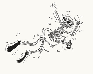 Cartoon skeleton jumping out of the water. Summer vibe . Outline illsutration
