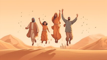 Ultrarealistic Illustration Full Bodyshot of a Happy Arabic Family Embracing the Spirit of Ramadan, Sunset Colors and Moments of Happiness - Image Size 16:9