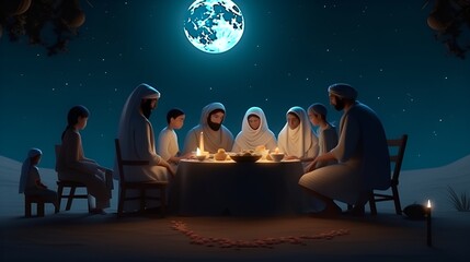 Iftar Night Celebration: Ultrarealistic Futuristic 3D Illustration of a Happy Arabic Family Honoring Ramadan Kareem, Moonlit Backdrop - Maximum Detail, Image Size 16:9
