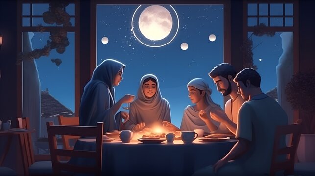 Iftar Night Celebration: Ultrarealistic Futuristic 3D Illustration of a Happy Arabic Family Honoring Ramadan Kareem, Moonlit Backdrop - Maximum Detail, Image Size 16:9