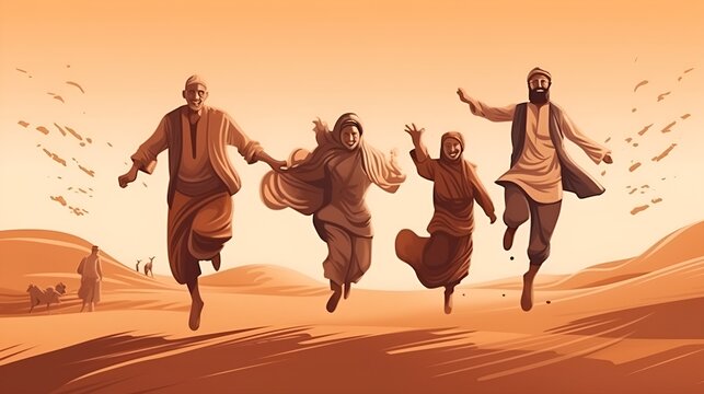 Ultrarealistic Illustration Full Bodyshot of a Happy Arabic Family Embracing the Spirit of Ramadan, Sunset Colors and Moments of Happiness - Image Size 16:9