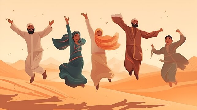Ultrarealistic Illustration Full Bodyshot of a Happy Arabic Family Embracing the Spirit of Ramadan, Sunset Colors and Moments of Happiness - Image Size 16:9
