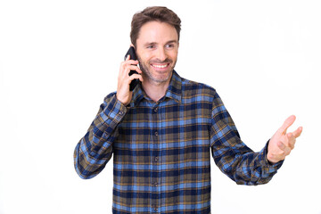 Adult hipster male model posing happy showing his smile while talking on the phone.