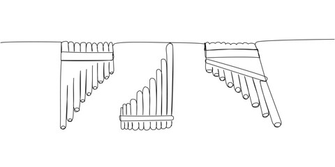 Pan flute set one line art. Continuous line drawing of culture, folk, wind, whistle, indian, america, latin, tube, panflute, vintage, panpipes, music, horn, bamboo, harmonica.