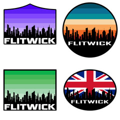Flitwick Skyline Silhouette Uk Flag Travel Souvenir Sticker Sunset Background Vector Illustration SVG EPS AI