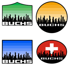 Buchs Skyline Silhouette Switzerland Flag Travel Souvenir Sticker Sunset Background Vector Illustration SVG EPS AI