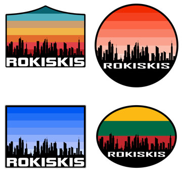 Rokiskis Skyline Silhouette Lithuania Flag Travel Souvenir Sticker Sunset Background Vector Illustration SVG EPS AI