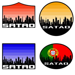 Satao Skyline Silhouette Portugal Flag Travel Souvenir Sticker Sunset Background Vector Illustration SVG EPS AI