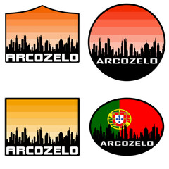 Obraz premium Arcozelo Skyline Silhouette Portugal Flag Travel Souvenir Sticker Sunset Background Vector Illustration SVG EPS AI