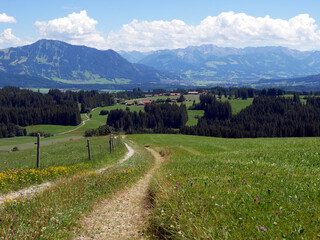 Landschaft im Allg&auml;u bei Diepolz, Pfad, Wanderweg, Wiesenweg, Bayern, Deutschland