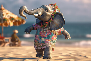Dancing elephant in a dress on the summer beach party, Hawaii hula animal in nature with sea, sun, AI Generative
