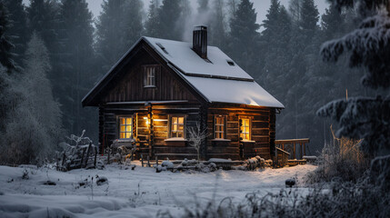 A cozy cabin nestled in a snowy forest