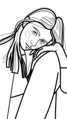 A coloring page with an image of a young girl with long hair loose, who is sitting in a comfortable position.