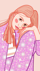A gentle illustration depicting a young blonde girl with dark hair, who is sitting in a comfortable pose in pink pajamas with stars.