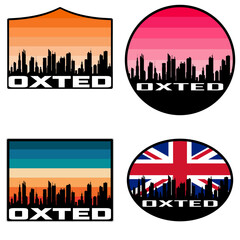 Obraz premium Oxted Skyline Silhouette Uk Flag Travel Souvenir Sticker Sunset Background Vector Illustration SVG EPS AI
