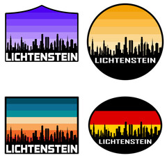 Lichtenstein Skyline Silhouette Germany Flag Travel Souvenir Sticker Sunset Background Vector Illustration SVG EPS AI
