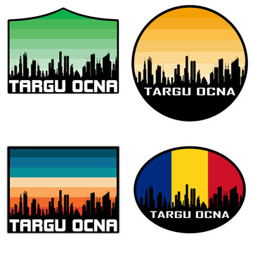 Targu Ocna Skyline Silhouette Romania Flag Travel Souvenir Sticker Sunset Background Vector Illustration SVG EPS AI