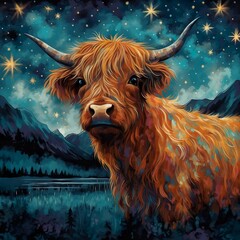 starry night highland cow - obrazy, fototapety, plakaty