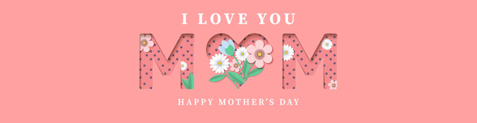 Happy Mother's day banner with beautiful paper flowers on a pink background. Romantic vector design for header of website.	