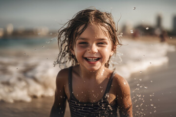 Generative AI illustration of happy girl playing in sea water while having during summer holidays