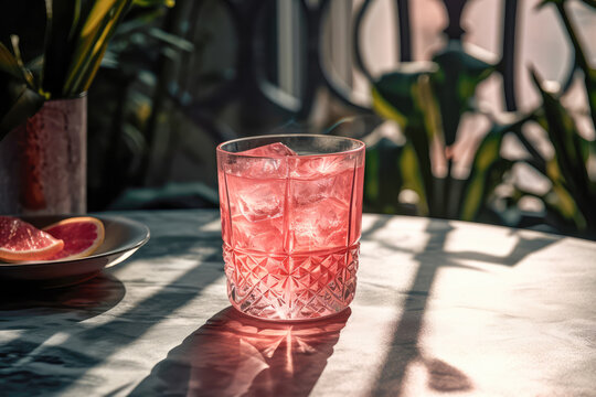 Generative AI illustration of glass of refreshing pink iced cocktail drink with slice of red grapefruit placed on marble table beside plants in cafe