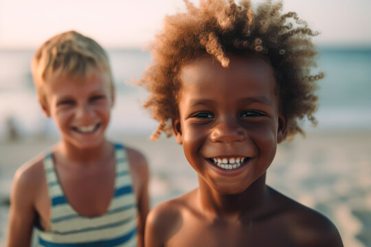 Generative AI illustration of smiling multiethnic kids looking at camera while spending time together on beach
