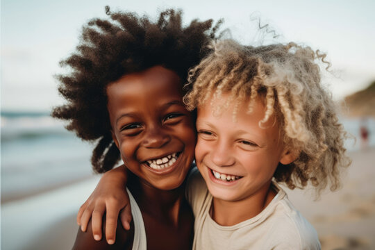 Generative AI image of happy diverse friends with curly hair hugging each other while spending time together on beach
