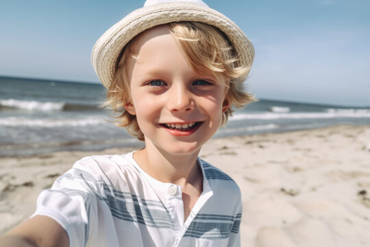Generative AI illustration of little boy with blond hair and hat smiling and looking at camera while spending time on sandy beach