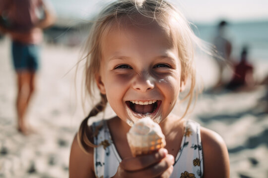 Generative AI image of little girl eating ice cream and smiling while looking at camera in beach on summer time