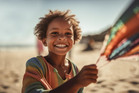 Generative AI image of black happy boy with curly hair standing on beach and playing with kite while spending time in summer day